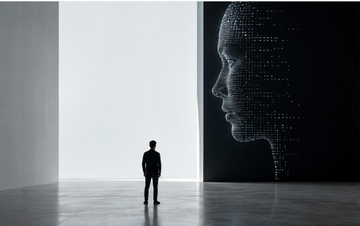 En person foran en stor digital AI-profil