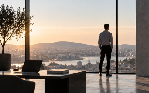 Bedriftsleder ser utover byen ved starten av arbeidsdagen