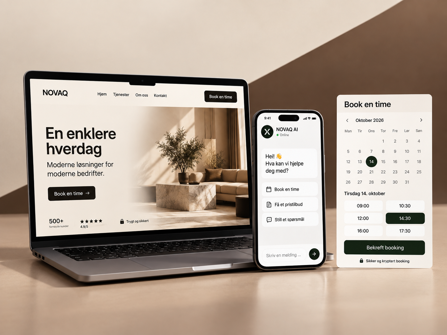Nettside, chatbot og bookingløsning vist på laptop og mobil