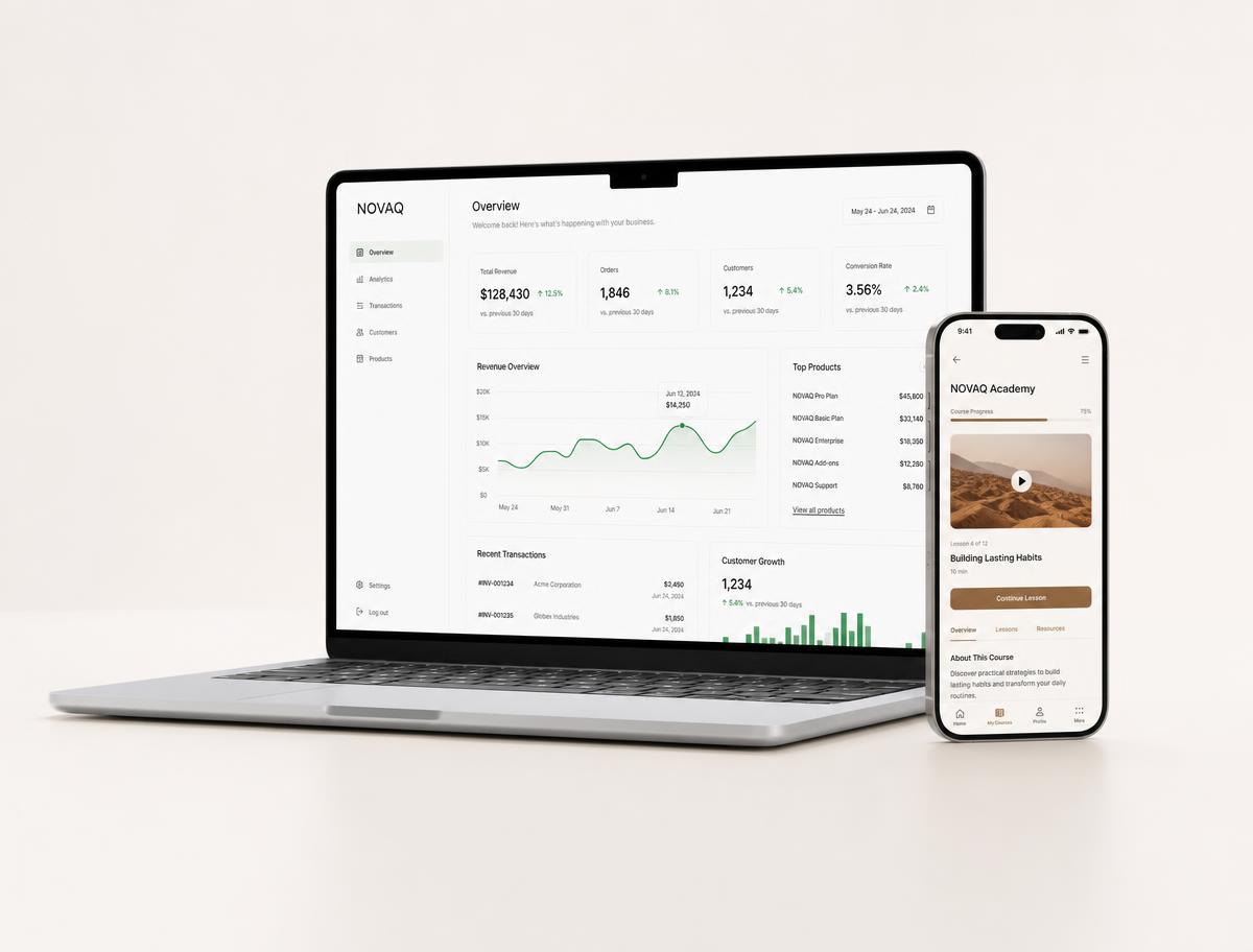 MacBook som viser Novaq-dashboard for bedrifter med nøkkeltall, graf og AI-agenter